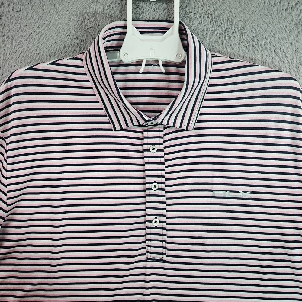 RLX Ralph Lauren Polo Shirt Men Size‎ XL Wicking Short Sleeve Pink Black Striped